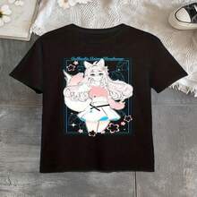 Men's Graphic Short Sleeve T-Shirt With Japanese Anime Design - Bohemian Style Black With Fox Girl And Cherry Blossom Print With Japanese Text, Casual Short Sleeve Crew Neck T-Shirt, Machine Washable Streetwear, Suitable For All Seasons, Ideal For Conventions And Casual Wear - Easy Care Clothing S-XXXL - 黑色 - 查看 1