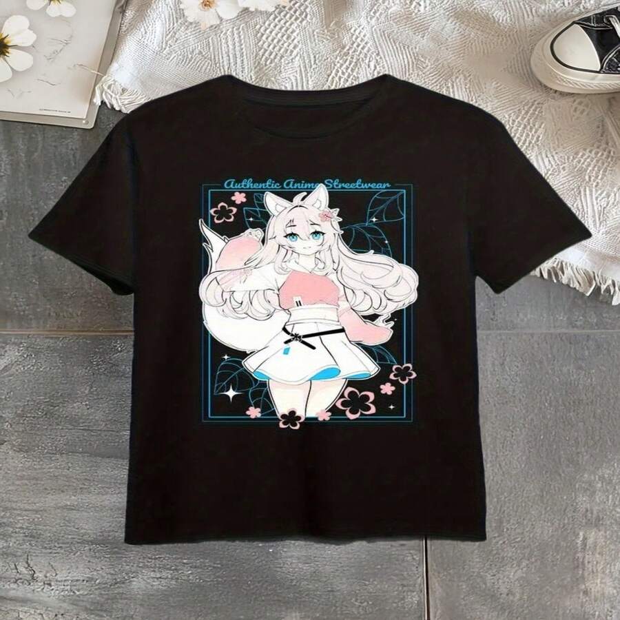 Men's Graphic Short Sleeve T-Shirt With Japanese Anime Design - Bohemian Style Black With Fox Girl And Cherry Blossom Print With Japanese Text, Casual Short Sleeve Crew Neck T-Shirt, Machine Washable Streetwear, Suitable For All Seasons, Ideal For Conventions And Casual Wear - Easy Care Clothing S-XXXL - 黑色 - 查看 1