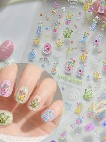 1 Sheet 3D Embossed Spring Garden Nail Stickers, Cute Flower Pot & Birdhouse Pattern, Self-Adhesive Sweet Nail Art Decals - Multicolor - View 4