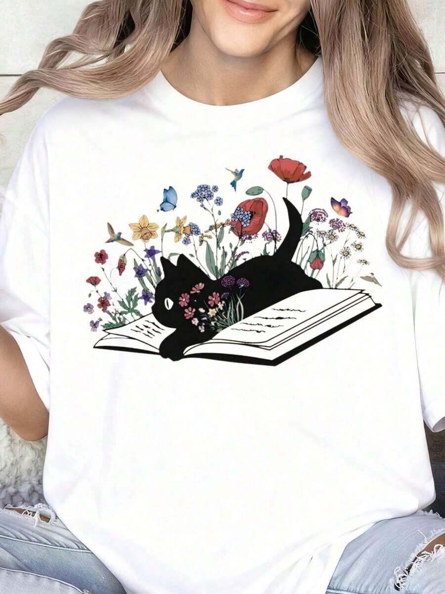 Limited Time Offer, Limited Quantity Available, Flash , Women's Shirts, Women's T-Shirts Cat Reading Book With Flowers And Butterflies T Shirt For Women Cute Animal Lover Gift Summer Casual Wear - 白色 - 查看 1