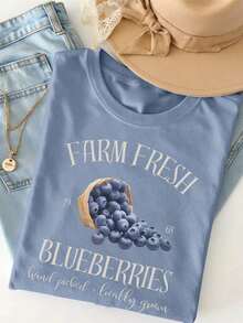 Women's Short-Sleeved T-Shirt With Round Neck And Grape And Fruit Print, Casual Holiday Top - 霧霾藍 - 查看 4