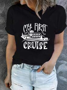 Camiseta Deportiva Casual para Mujer Mi Primer Crucero - Camiseta Elástica de Cuello Redondo, Lavable aáquina, Ajuste Cómodo para Todas las Estaciones, para Combinar con Jeans Rasgados. - Negro - Ver 6