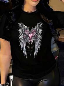 Double-Sided Black T-Shirt With Floral And Wing Print With Pink Roses, 1 Piece, Plus Size For Women, Funny Short-Sleeved Graphic Print T-Shirt, Novelty, 100% Polyester, Casual Round Neck T-Shirt, 220g, Blouses For Women, Casual Wear For Women. - 黑色 - 查看 7
