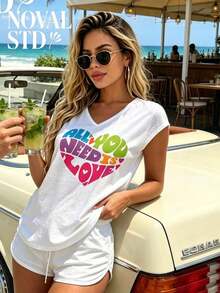 1 Piece Of White Short-Sleeved T-Shirt With Round Neck, Casual Holiday Style, Loose And Multifunctional, With Beatles Strawberry Field Forever Print For Women, Ideal For Everyday Wear. 180g 100% Cotton. - 白色 3 - 查看 4