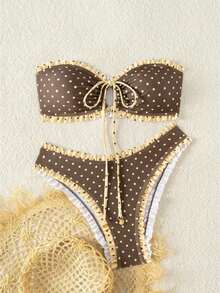 Women's Polka Dot Ruffled Bandeau Bikini Set, Frill Trim Top With Front Tie  High Cut Ruffled Bottom, Retro Style Swimwear With Color Block Design - Yellow - View 1
