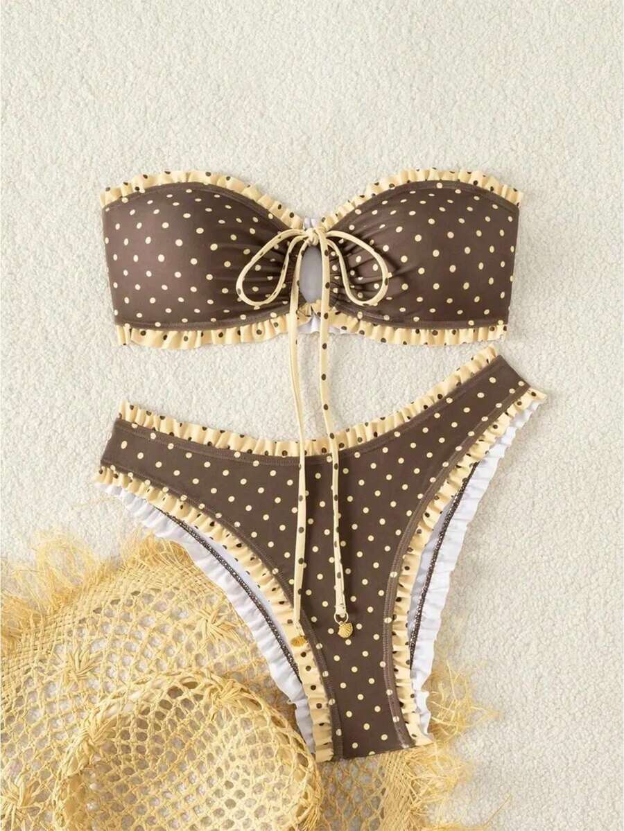 Women's Polka Dot Ruffled Bandeau Bikini Set, Frill Trim Top With Front Tie  High Cut Ruffled Bottom, Retro Style Swimwear With Color Block Design - Yellow - View 1