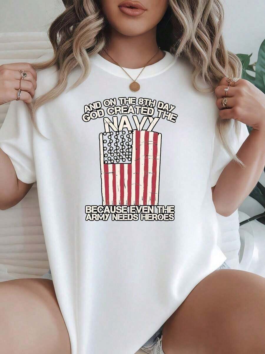 Camiseta de Mujer Casual de Corte Holgado, Opciones en Blanco y Negro, Estampado Azul Marino, Camisetas con Gráficos Patrióticos, Tops de Verano para Mujer, Camisetas de Algodón Vintage Bonitas, Conjuntos de Verano para Mujer, Camisetas con Gráficos para Mujer, Tops Cortos para Mujer, Camisetas Vintage de Algodón Bonitas para Mujer, Playera Holgada para Mujer - Blanco - Ver 1