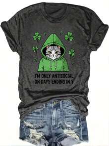 Nueva camiseta de manga corta con cuello redondo para mujer, estampada con un gato con capucha sosteniendo un trébol, suave y elástica, de estilo casual, lavable a máquina, cómoda para todas las estaciones. NF2W - Gris Oscuro - Ver 6