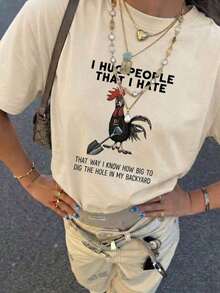 Camiseta de manga corta de ajuste regular, estilo INS "Askhole" Definición Impresión gráfica de pollo, parte superior de verano ligera y delgada de color azul claro. Casual,Playera Gráfica Casual para Mujer con Estampado |   Verano 2026 - Albaricoque - Ver 1