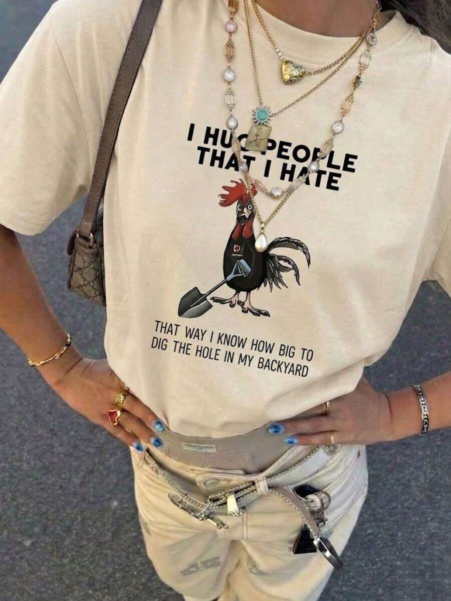 Camiseta de manga corta de ajuste regular, estilo INS "Askhole" Definición Impresión gráfica de pollo, parte superior de verano ligera y delgada de color azul claro. Casual,Playera Gráfica Casual para Mujer con Estampado | Verano 2026 - Albaricoque - Ver 1