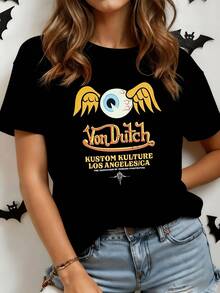 Ojo alado que simboliza la visión libre y la energía creativa con fuego en vuelo evocando movimiento y fuerza espiritual camiseta de mujer moderna cómoda para uso diario - Negro - Ver 8