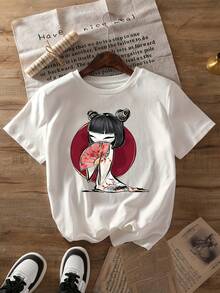 Camiseta de Mujer: Camiseta súper linda de estilo japonés con diseño de abanico plegable, de manga corta y cuello redondo, perfecta para uso casual en primavera y verano, exclusiva para mujeres. - Blanco - Ver 7