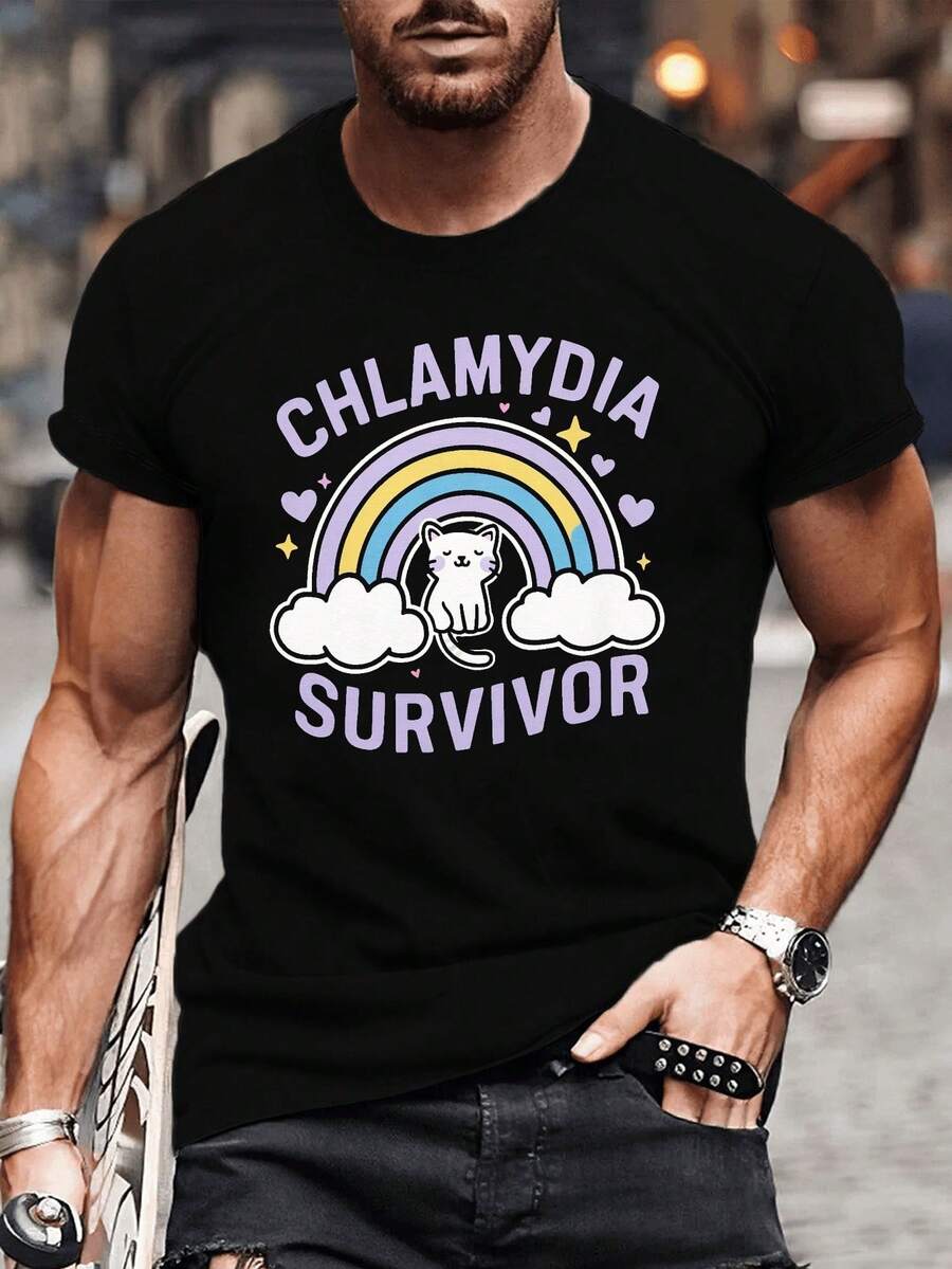 Men's Plus Size Crew Neck T-Shirt | Casual Summer Knit T-Shirt, Slightly Stretchy, With Geometric Rainbow Print, Cat And Chlamydia Survivor - Adult Regular Fit Short Sleeve Top - 黑色 - 查看 1