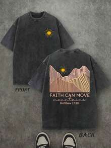 1 pieza Camiseta Cristiana Unisex "La Fe Puede Mover Montañas", Camiseta con Escritura Cristiana, Camiseta Vintage Retro Lavada con Impresión a Doble Cara (Camiseta de Algodón Puro de 230 g), Camiseta Cristiana de Alta Calidad, Regalos Cristianos, Camisetas para Hombre y Mujer, Camiseta Cristiana Cómoda y a la Moda, Camiseta de Algodón Puro Estilo Urbano para Otoño, 180g Algodón 100%. - Negro - Ver 1