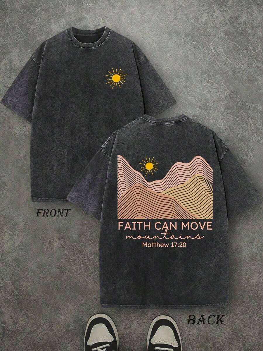 1 pieza Camiseta Cristiana Unisex "La Fe Puede Mover Montañas", Camiseta con Escritura Cristiana, Camiseta Vintage Retro Lavada con Impresión a Doble Cara (Camiseta de Algodón Puro de 230 g), Camiseta Cristiana de Alta Calidad, Regalos Cristianos, Camisetas para Hombre y Mujer, Camiseta Cristiana Cómoda y a la Moda, Camiseta de Algodón Puro Estilo Urbano para Otoño, 180g Algodón 100%. - Negro - Ver 1