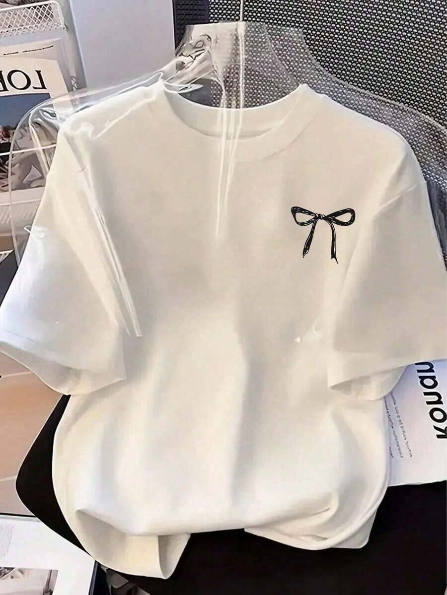 Camiseta de manga corta con estampado de lazo, versátil para uso diario y desplazamientos, de para mujer, verano. - Blanco - Ver 1