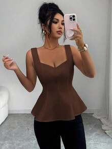 Top de tirantes con cuello de corazón, abertura frontal en la cintura y línea A sin mangas, estilo francés retro elegante para ir al trabajo, negocios, vacaciones, casual, versátil, nueva llegada de primavera/verano - Café integral - Ver 5