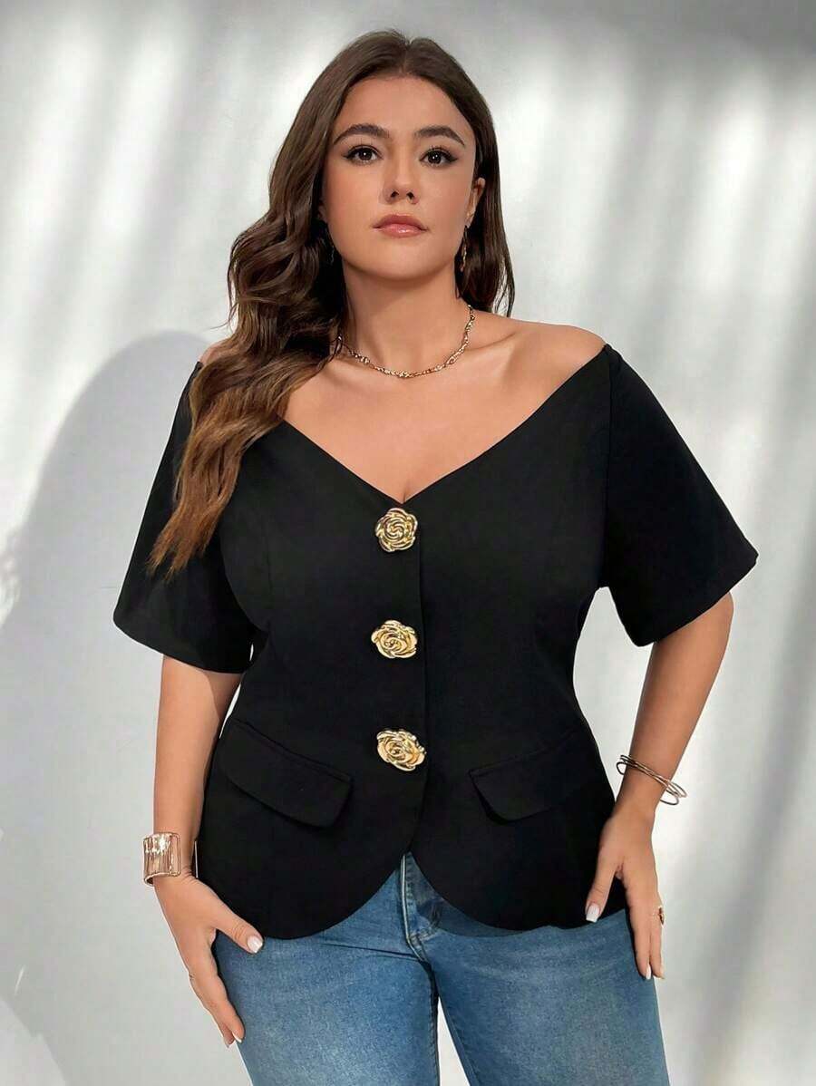 delgada de estilo elegante con botones metálicos, hombros descubiertos y ajuste ceñido, ideal para uso diario, oficina, graduación, regreso a clases y atuendos de maestras en primavera/verano y otoño/invierno para mujeres de talla grande - Negro - Ver 1