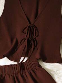 Set de 2 piezas de conjunto informal de mujer de unicolor con nudo, elegante para primavera/verano - Rojo - Ver 3