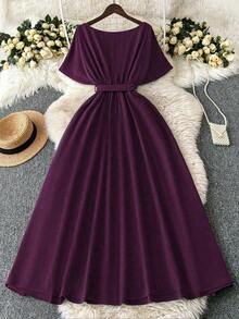 Vestido elegante de talla grande de unicolor con cinturón cruzado a la cintura, apto para el verano - Morado - Ver 5