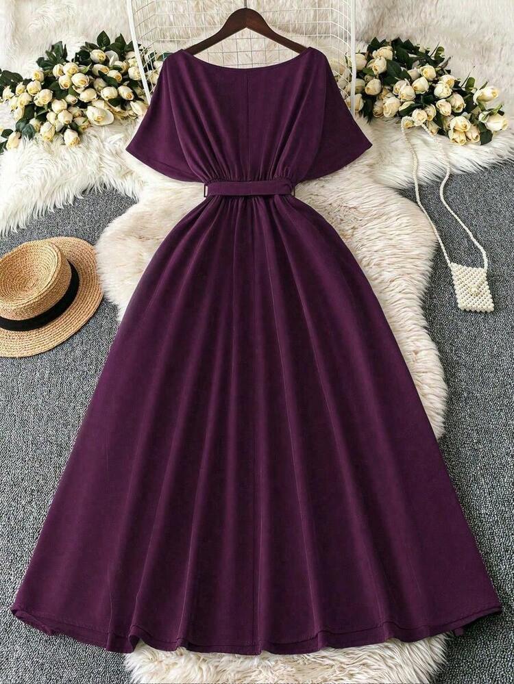 Vestido elegante de talla grande de unicolor con cinturón cruzado a la cintura, apto para el verano - Morado - Añade 5