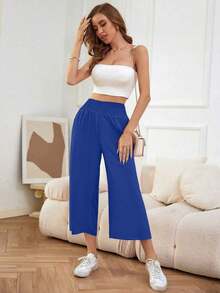 LUNE Pantalones de pierna ancha unicolor crop - Azul - Ver 5