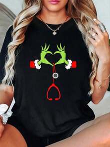 Camiseta de Enfermera de Moda con Estetoscopio para Navidad, Pijamas Navideños para Enfermeras, Ropa de Algodón para Mujer, Ropa Navideña, Camiseta Negra con Estampado Gráfico para Mujer - Blanco - Ver 1