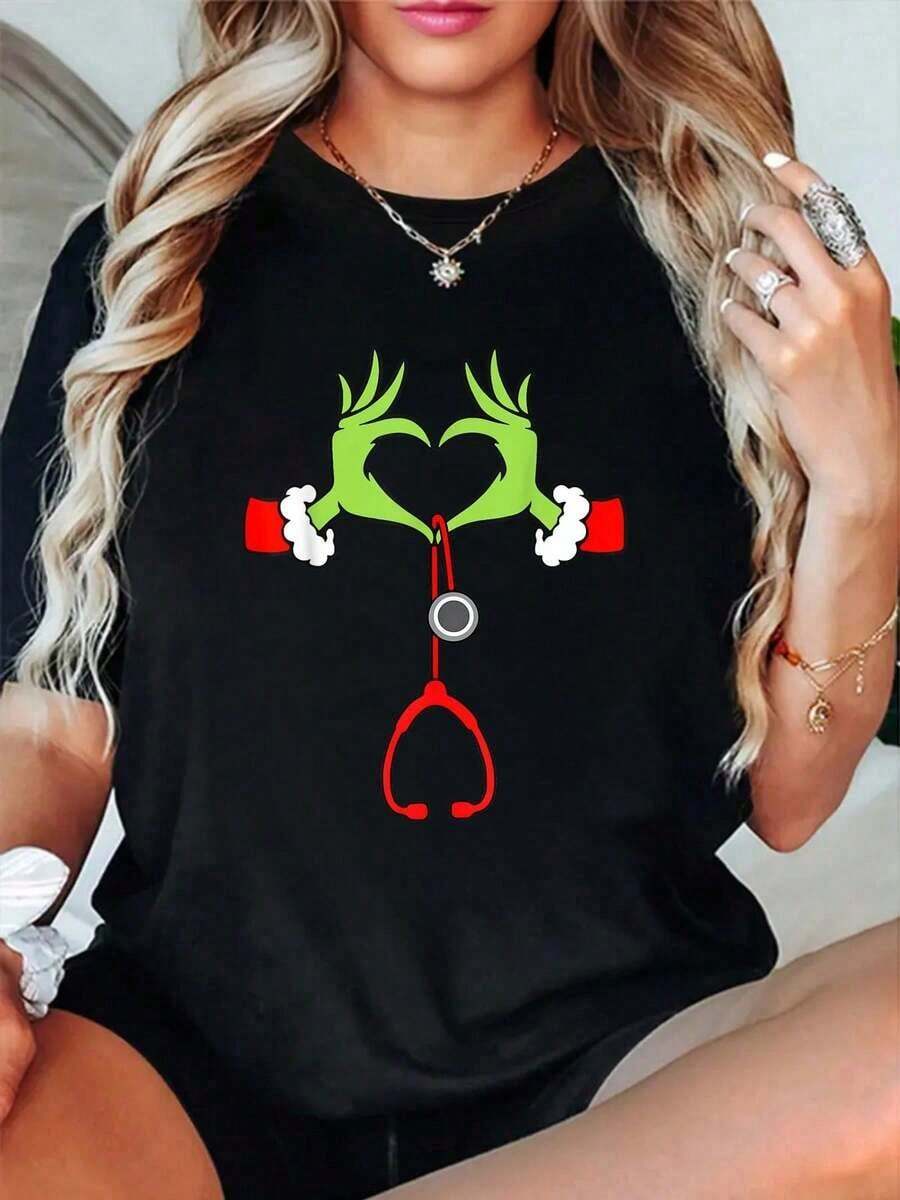 Camiseta de Enfermera de Moda con Estetoscopio para Navidad, Pijamas Navideños para Enfermeras, Ropa de Algodón para Mujer, Ropa Navideña, Camiseta Negra con Estampado Gráfico para Mujer - Blanco - Ver 1