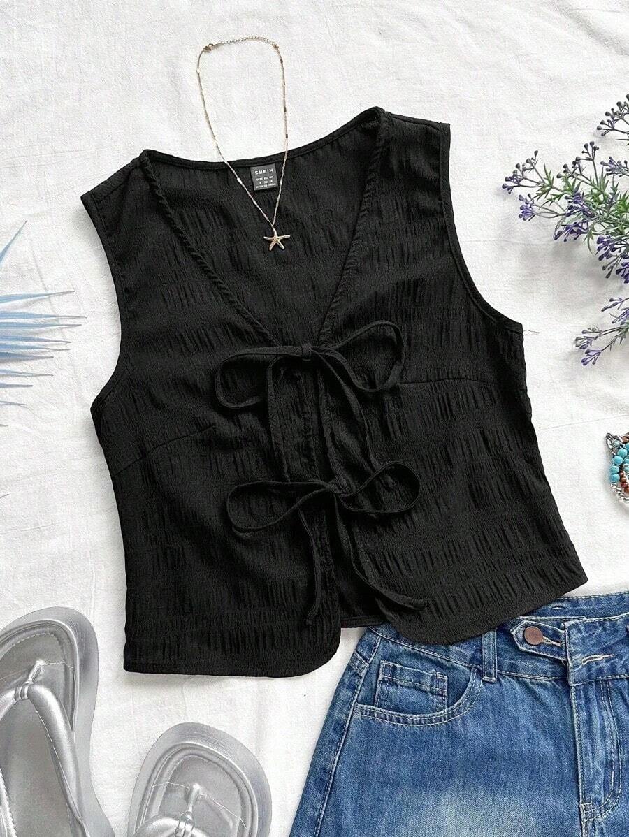 Top sin mangas elegante con textura de tela, estilo bohemio tropical, para ocasiones como vacaciones informales, boda, graduación, brunch, Día de San Patricio, vacaciones de primavera, Pascua, festivales de música - Negro - Ver 1