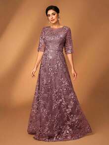 Elegante y lujoso vestido gris de encaje con escote en V, manga corta transparente y silueta evasé, con bordados de cuentas de strass, adecuado para bodas, fiestas, vacaciones, galas, eventos de noche, vestido de madre de la novia, Día de San Valent - Rosa vieja 2 - Ver 3
