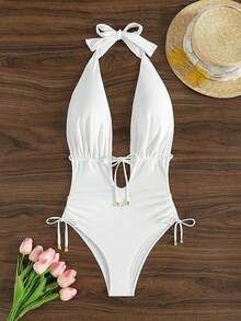 Mujeres traje de baño de una pieza con escote en V profundo y lazo frontal, espalda abierta, lazo de cuello para vacaciones - Blanco - Ver 4