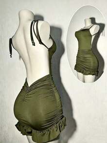 Vestido corto de mujer marrón con espalda calada - Verde militar - Ver 3