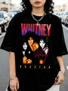 Oversized Black T-Shirt W-WhitneyS H-HoustonS Retro Bootleg Signature Collage - Black - View 1