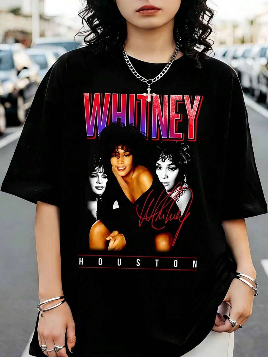 Oversized Black T-Shirt W-WhitneyS H-HoustonS Retro Bootleg Signature Collage - Black - View 1