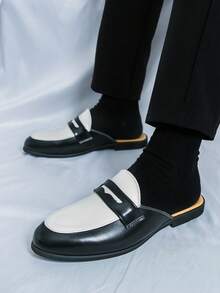 男士復古棕色夏季正式穆勒涼鞋 半包腳趾封頭式 - 黑與白 - 查看 5