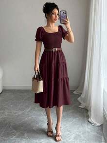 xheElenzga Vestido casual de mujer de unicolor, vestido de manga corta con cuello cuadrado en caqui, vestido de línea A cintura ceñida de punto de cable para vacaciones, de veranoxhe - Granada - Ver 7
