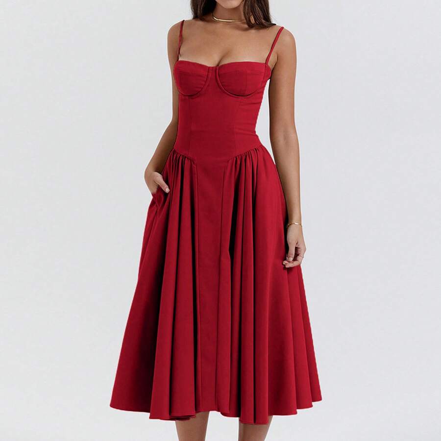 Women's Beige Corset Spaghetti Strap Midi Dress, Sweetheart Neck A-Line Flare Dress, Elegant Bridesmaid & Wedding Guest Dress - 24586-紅色 - 查看 1