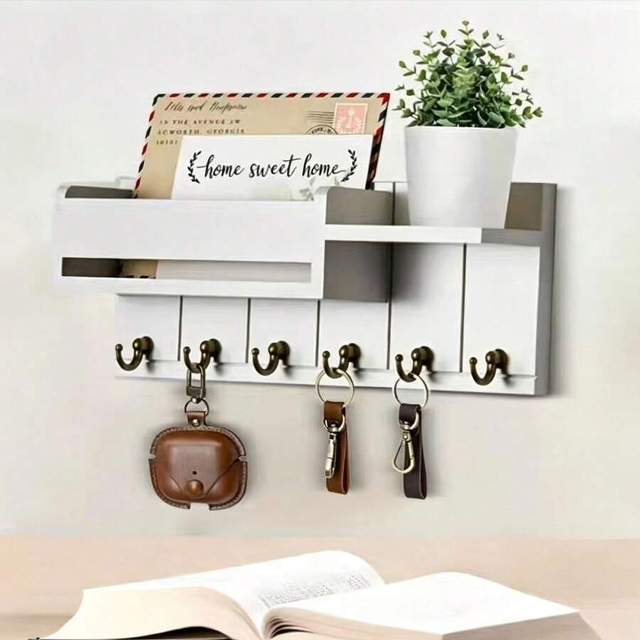 1 pieza Soporte de pared de madera rústica para llaves con organizador de correo y bandeja, fácil de instalar, para sala de estar, cocina, pasillo, almacenamiento de llaves y accesorios - Multicolor - Ver 1