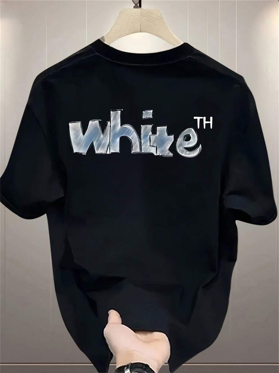 Men's Custom T-Shirt Made Of 100% High-Grade Cotton - Loose Fit, White, Short Sleeve And Round Neck, Casual Summer Style, With Black And White Logo On The Back, Breathable And Wrinkle Resistant, Machine Washable, Suitable For Daily Wear (White) - Unisex Cotton T-Shirt With Short Sleeves And Round Neck, Urban Vintage Style. - 黑色 - 查看 1