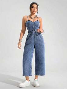 Unity Mono vaquero casual con pierna ancha y cordón delantero para mujer - Azul lavado medio - Ver 5