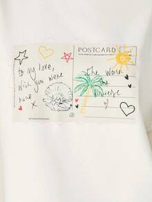 1 pieza de camiseta de manga corta con cuello redondo , con estampado gráfico de postal de gran tamaño, informal para vacaciones de verano, 180g 100% algodón. - Blanco - Ver 2