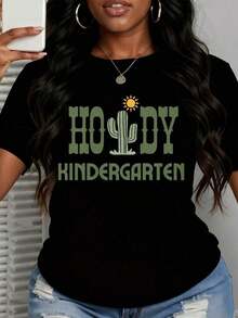 Camiseta de Enseñante de Jardín de Infancia con Diseño de Cactus para Mujer - Estilo Vintage Urbano Unisex, Camiseta de Manga Corta de Algodón Suelto con Cuello Redondo, 100% Algodón - Negro - Ver 3