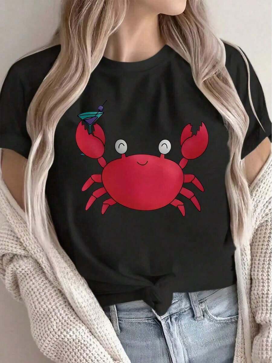 Camiseta Casual de Verano para Mujer, Talla Grande, con Diseño de Cangrejo Rojo, Blanca - Camiseta Casual, Adecuada para la Playa, Fiestas o Uso Diario, Regalo Divertido para Adultos, Diseño Ligero y Cómodo, Cuello Redondo, Corte Holgado - Negro - Ver 1
