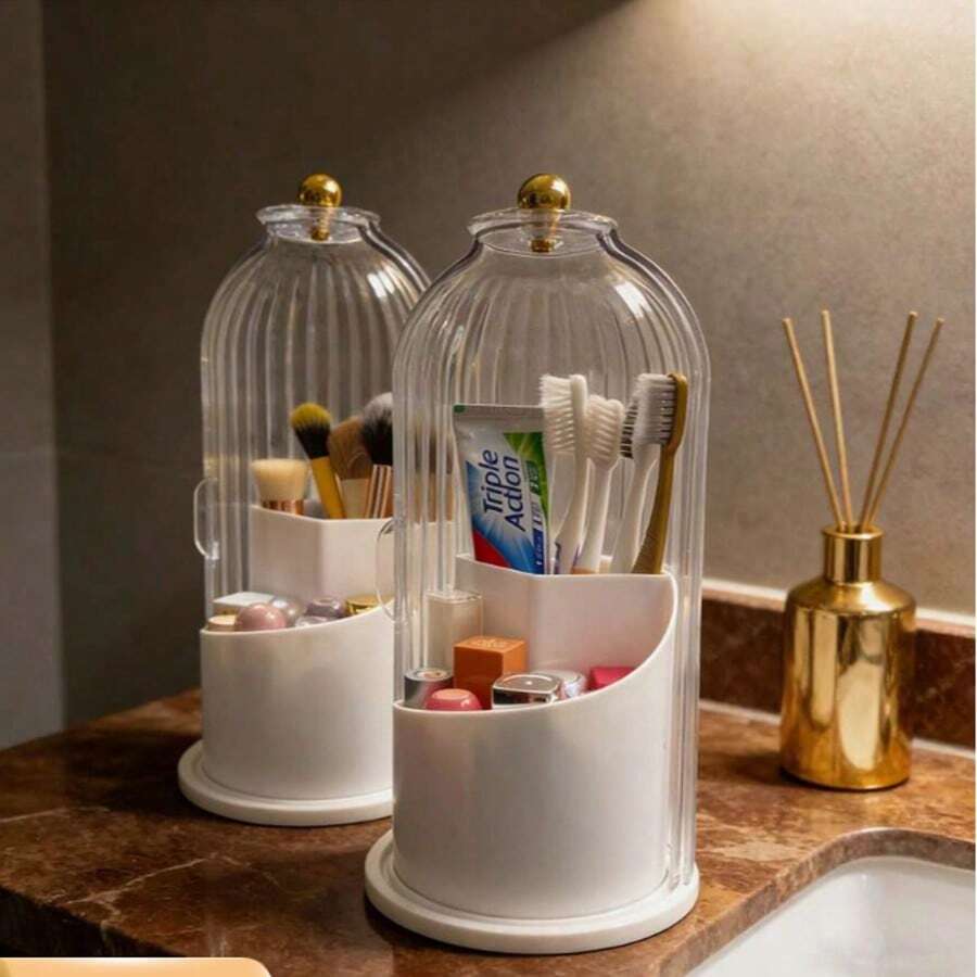 1pc 360° Rotatable Dust-Proof Waterproof Makeup Brush Holder With Transparent Cover, Suitable For Desktop Makeup Brush Storage, Bathroom Vanity Organizer, Makeup Display Rack With Dust-Proof Compartment - Multicolor - View 1