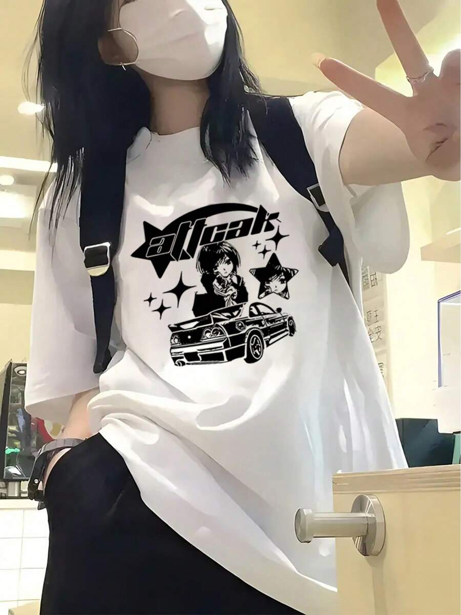 Camisetas vintage 100% algodón, con estampado de dibujos animados de personajes de anime estilo Y2K, diseño moderno, cuello redondo, manga corta, camiseta de verano, elegante, casual, versátil, top para mujer, 100% algodón, manga corta. - Blanco - Ver 1