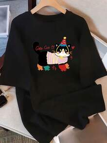Women's Short Sleeve T-Shirt With Unique Design And Print, New Loose Summer Style For 2025, Attractive Top - Black - View 1