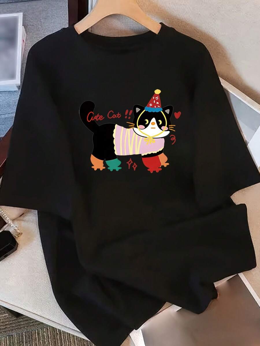 Women's Short Sleeve T-Shirt With Unique Design And Print, New Loose Summer Style For 2025, Attractive Top - Black - View 1