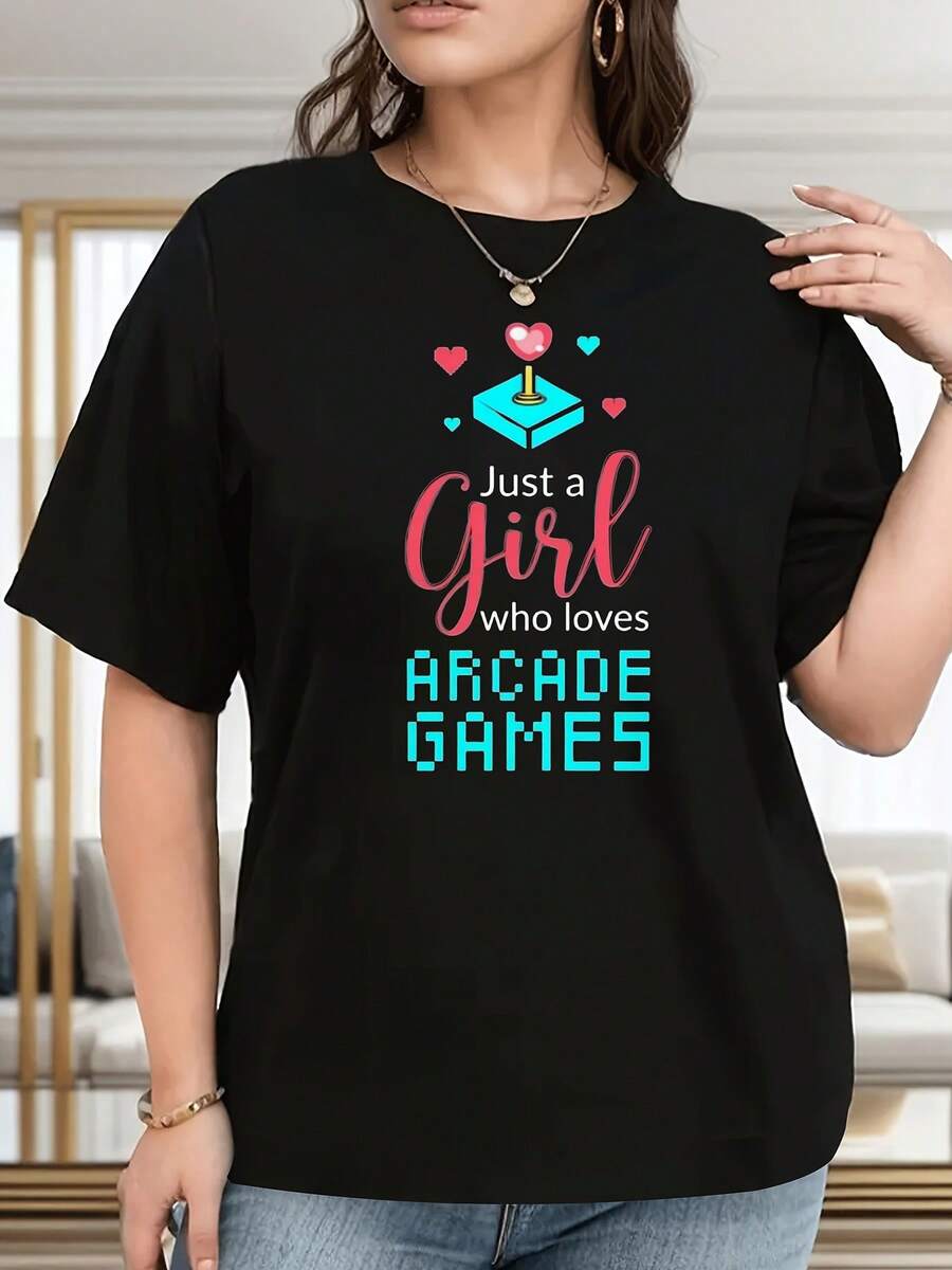 Camiseta de Cuello Redondo para Mujer de Talla Grande con Diseño Retro de Juego Arcade - Diseño de Píxeles en Negro y Rosa-Azul con la Frase "Only Love Arcade" - Top Casual de Cuello Redondo, Adecuado para Mujeres Gamers - Lavable a Máquina, Cómodo para Todas las Temporadas - Blusas Retro de Estilo Nostálgico de los 80 para Mujer Casual - Negro - Ver 1