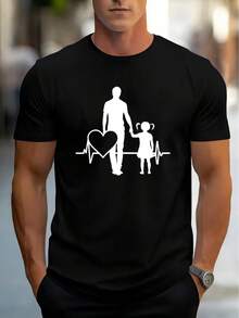 Unisex Short-Sleeved T-Shirt, Casual Style. Men's Short-Sleeved T-Shirt For Summer With A Heart Print. Designed For A Father-Daughter Bond. Made Of Breathable And Quick-Drying Polyester Fabric. Men's T-Shirts,  Women's, Romwemen's, Boho Chic, Teachers' Gifts, T-Shirt For Curvy Women's Sets, Y2k - 黑色 - 查看 1