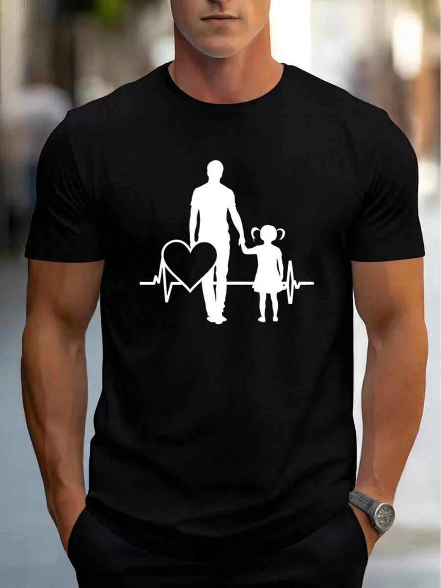 Unisex Short-Sleeved T-Shirt, Casual Style. Men's Short-Sleeved T-Shirt For Summer With A Heart Print. Designed For A Father-Daughter Bond. Made Of Breathable And Quick-Drying Polyester Fabric. Men's T-Shirts, Women's, Romwemen's, Boho Chic, Teachers' Gifts, T-Shirt For Curvy Women's Sets, Y2k - 黑色 - 查看 1
